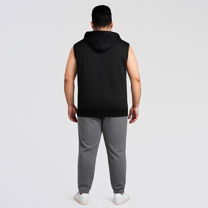 lus-size Pakistani male model wearing a black sleeveless zip-up hoodie with hood and embroidered “ps” logo on chest, front view, studio white background.