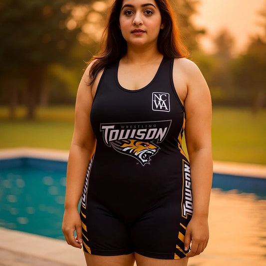 Pakistani woman wearing Towson wrestling sports swimsuit, modest one-piece sleeveless short-leg swimwear for girls in Pakistan