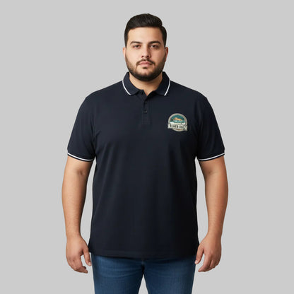 Black plus size polo shirt with Beach Golf embroidered chest patch front view
