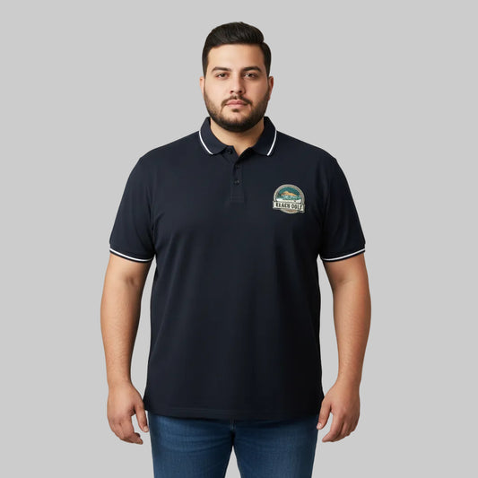 Black plus size polo shirt with Beach Golf embroidered chest patch front view
