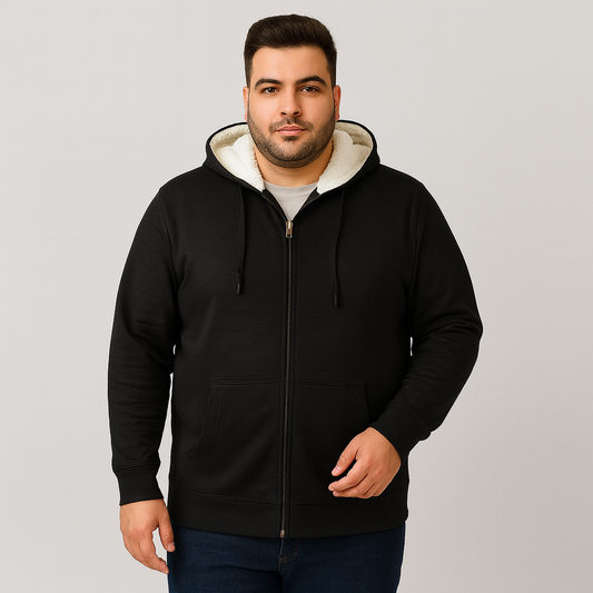 Black sherpa-lined fleece hoodie with full zip front, drawstring hood, and kangaroo pockets — warm and comfortable outerwear for big and tall men.