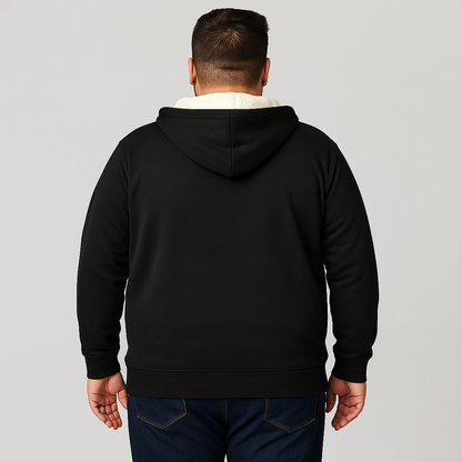 Black sherpa-lined fleece hoodie with full zip front, drawstring hood, and kangaroo pockets — warm and comfortable outerwear for big and tall men.