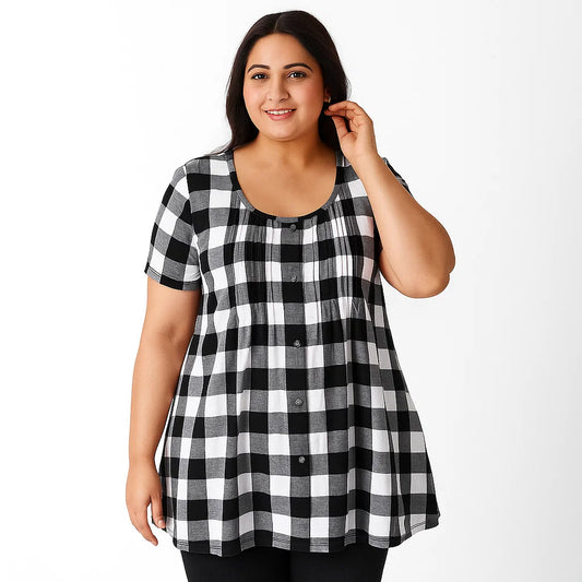 Black Buffalo Plaid knit Pintucks Tunic PSW-5779