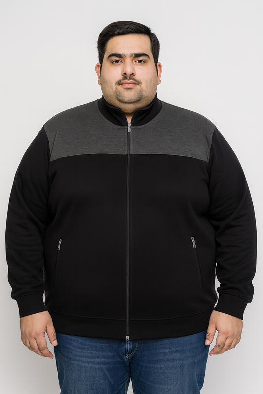 Plus-size Pakistani male model wearing Black & Charcoal Fleece Zip-Up Jacket, front view.
