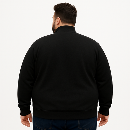 Plus-size Pakistani male model wearing Black & Charcoal Fleece Zip-Up Jacket, front view.