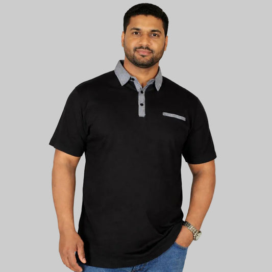 Plus size male model wearing black polo shirt with grey contrast collar front view
