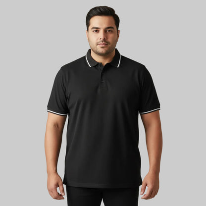 Black Plus Size Polo Shirt with white contrast tipped collar and sleeves flat laid front view.
