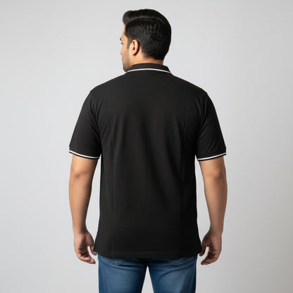 Black Plus Size Polo Shirt with white contrast tipped collar and sleeves flat laid front view.