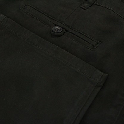 "Men’s black cotton stretch chino pants with slim straight leg, button and zip closure, belt loops, front hand pockets, and rear button-fastened pockets."