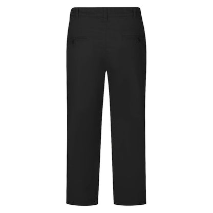 "Men’s black cotton stretch chino pants with slim straight leg, button and zip closure, belt loops, front hand pockets, and rear button-fastened pockets."