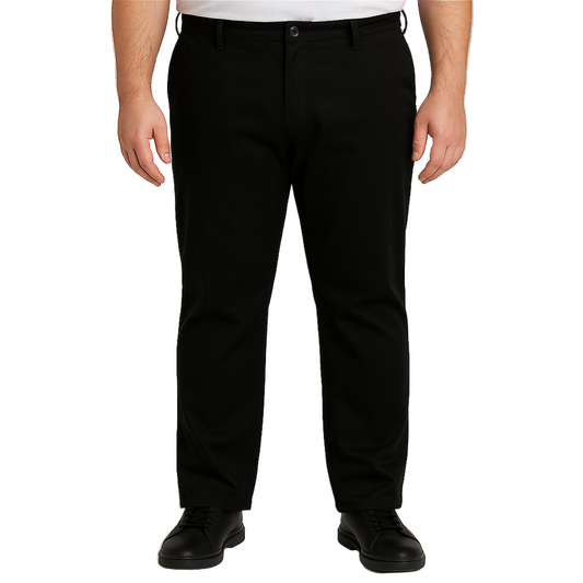 "Men’s black cotton stretch chino pants with slim straight leg, button and zip closure, belt loops, front hand pockets, and rear button-fastened pockets."