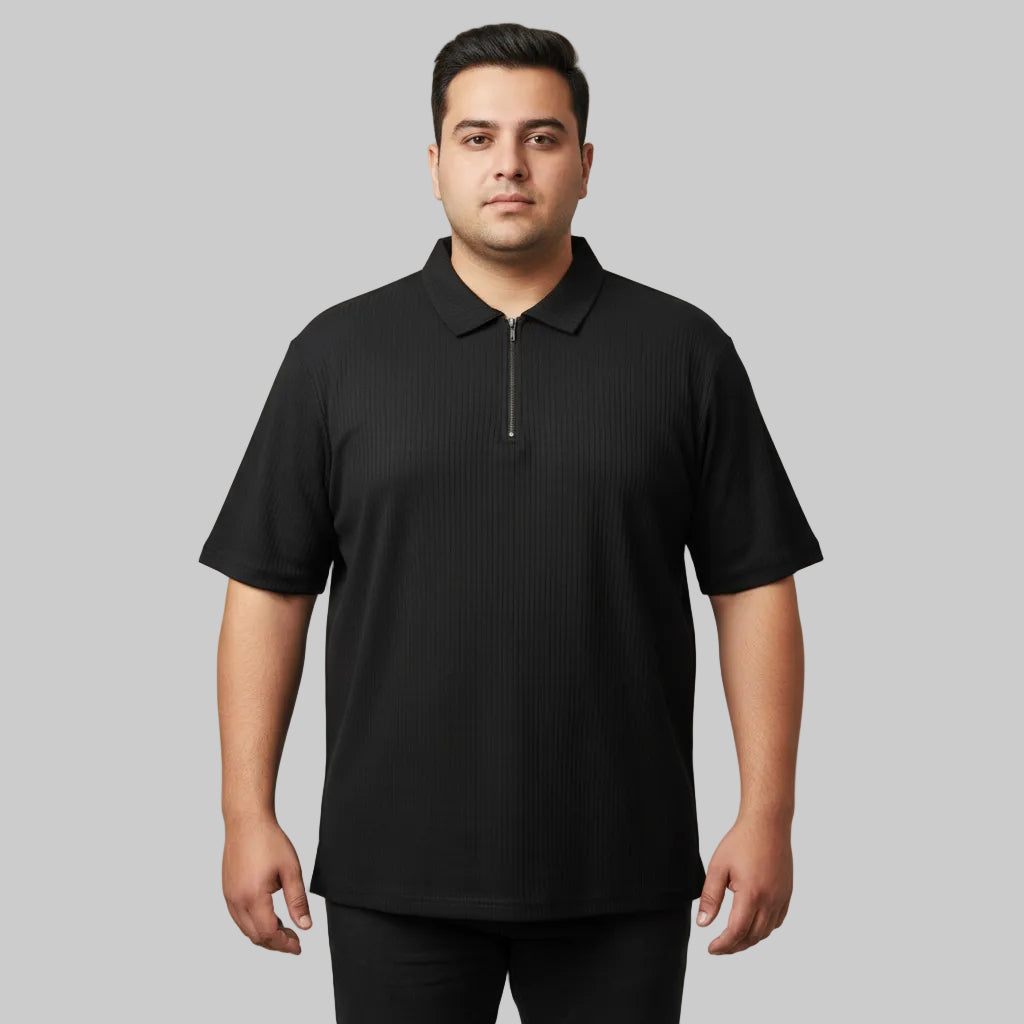 Black plus size drop needle fabric zip polo shirt front view