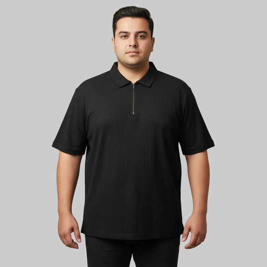 Black plus size drop needle fabric zip polo shirt front view