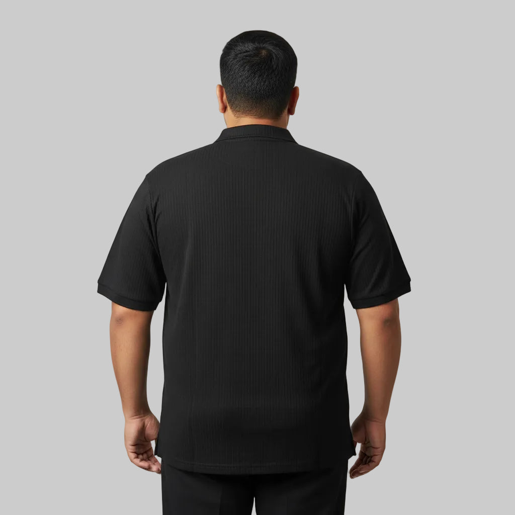 Black plus size drop needle fabric zip polo shirt front view