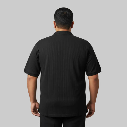 Black plus size drop needle fabric zip polo shirt front view