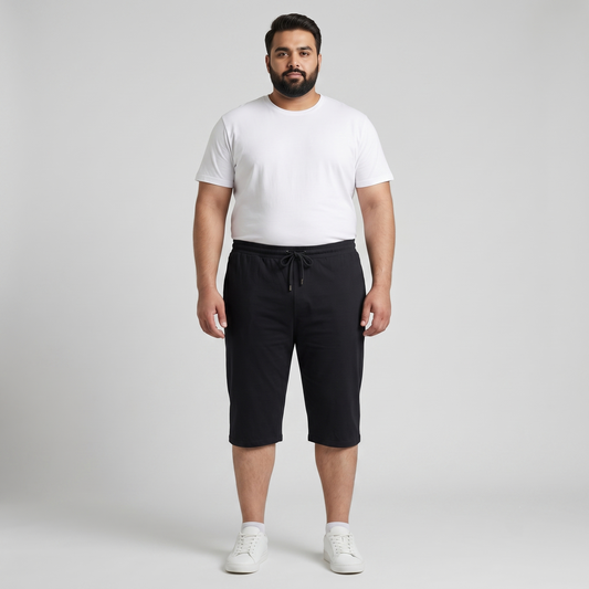 Black Elastic Waist 3 Quarter Jersey Shorts PSM-11365