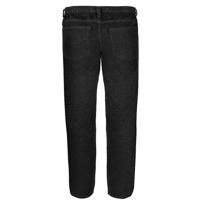Men’s black elasticated waist jeans with straight leg, button and zip fastening, belt loops, front and rear pockets, crafted from 100% cotton denim