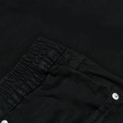 Men’s black elasticated waist jeans with straight leg, button and zip fastening, belt loops, front and rear pockets, crafted from 100% cotton denim