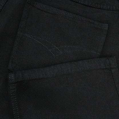 Men’s black elasticated waist jeans with straight leg, button and zip fastening, belt loops, front and rear pockets, crafted from 100% cotton denim