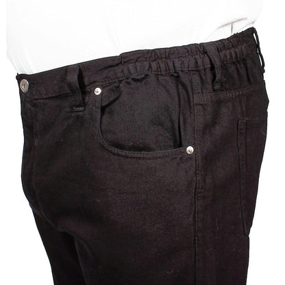 Men’s black elasticated waist jeans with straight leg, button and zip fastening, belt loops, front and rear pockets, crafted from 100% cotton denim