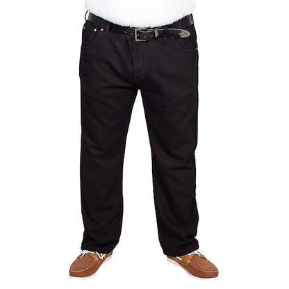 Men’s black elasticated waist jeans with straight leg, button and zip fastening, belt loops, front and rear pockets, crafted from 100% cotton denim