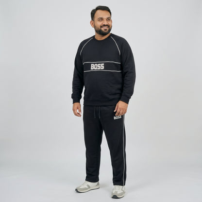 Black Embroidered Fleece Co-ord Set featuring a stylish embroidered top and matching trousers made from soft fleece fabric.
