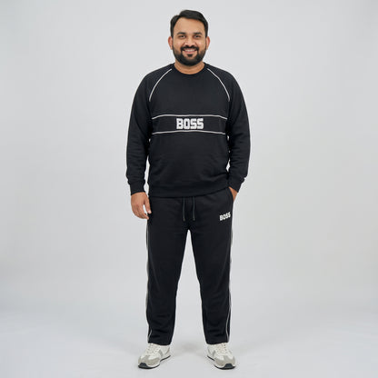 Black Embroidered Fleece Co-ord Set featuring a stylish embroidered top and matching trousers made from soft fleece fabric.