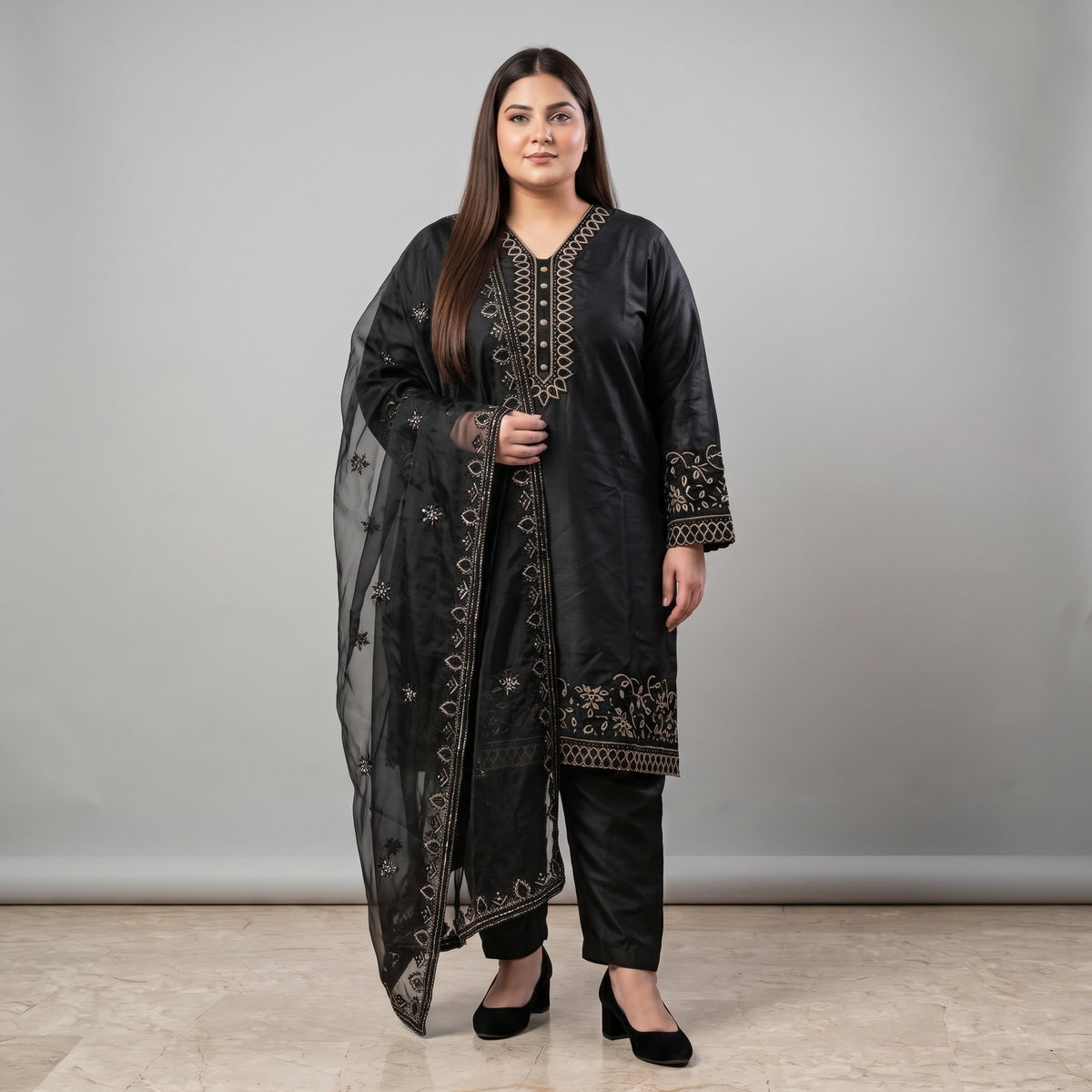 Black embroidered Katan Silk 3-piece suit for women in 