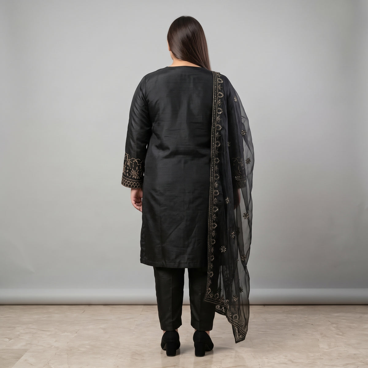 Black embroidered Katan Silk 3-piece suit for women