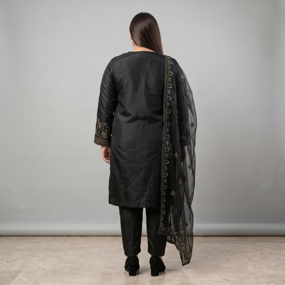 Black embroidered Katan Silk 3-piece suit for women