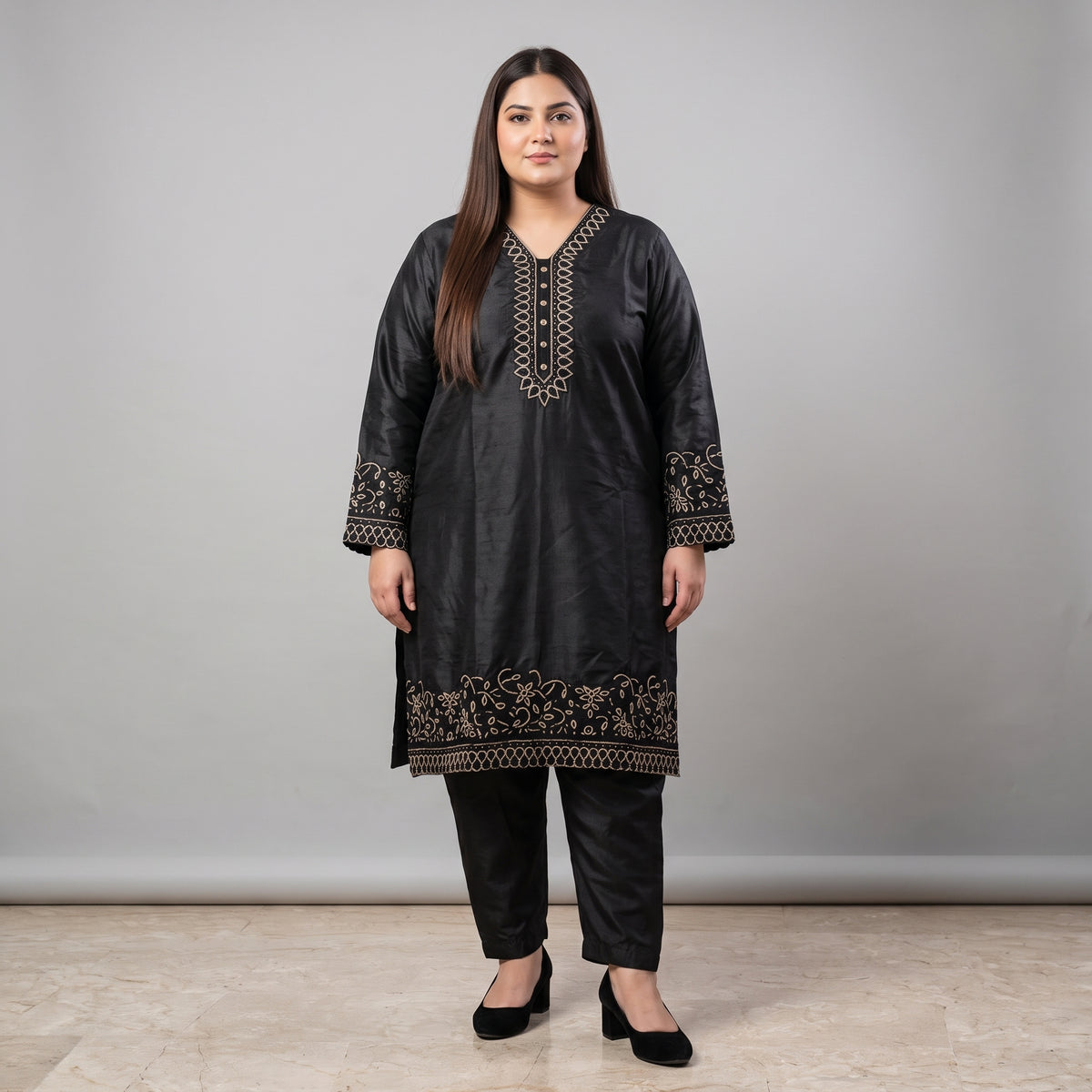 Black embroidered Katan Silk 3-piece suit for women 
