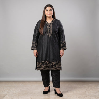 Black embroidered Katan Silk 3-piece suit for women 