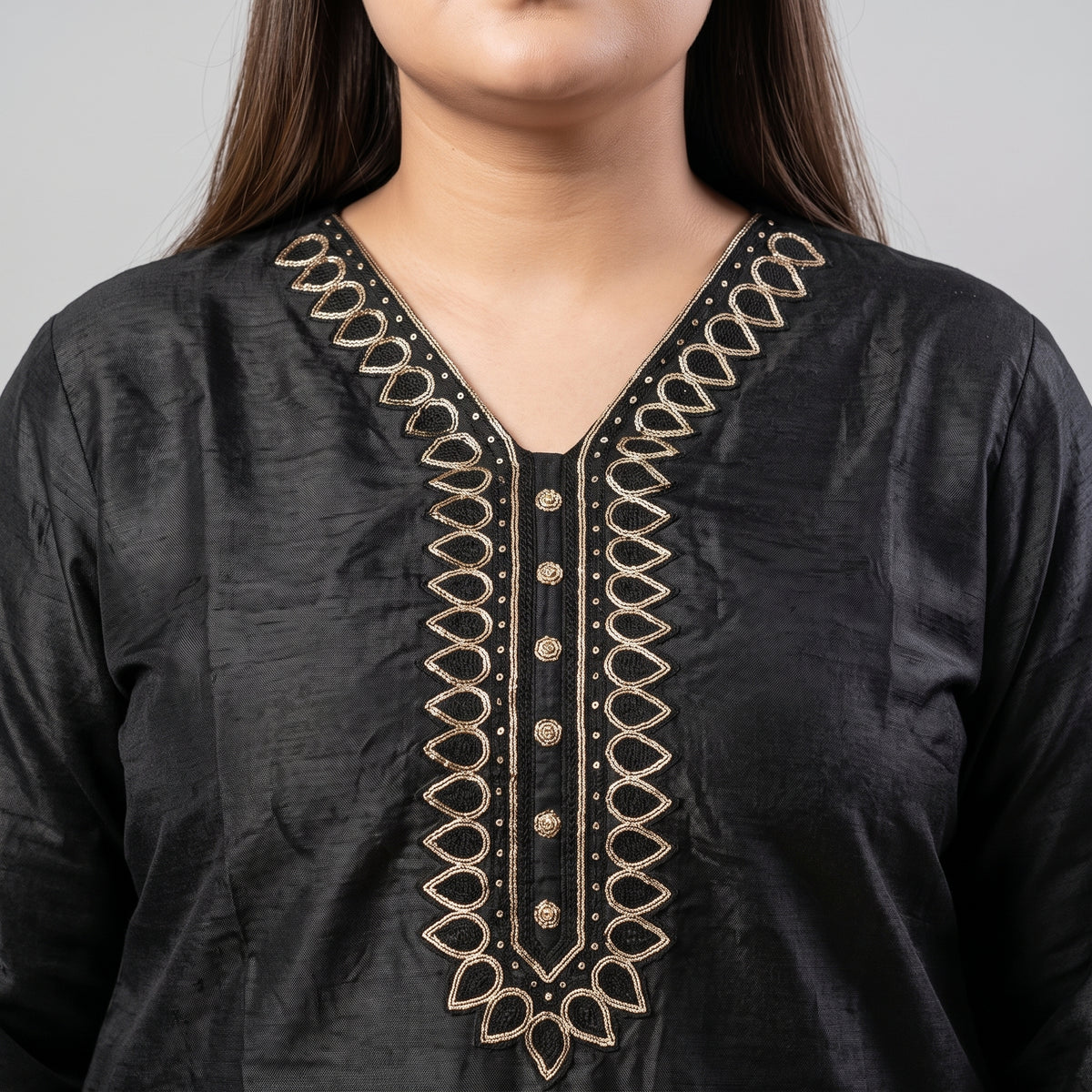 Black embroidered Katan Silk 3-piece suit for women