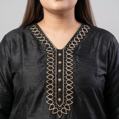 Black embroidered Katan Silk 3-piece suit for women