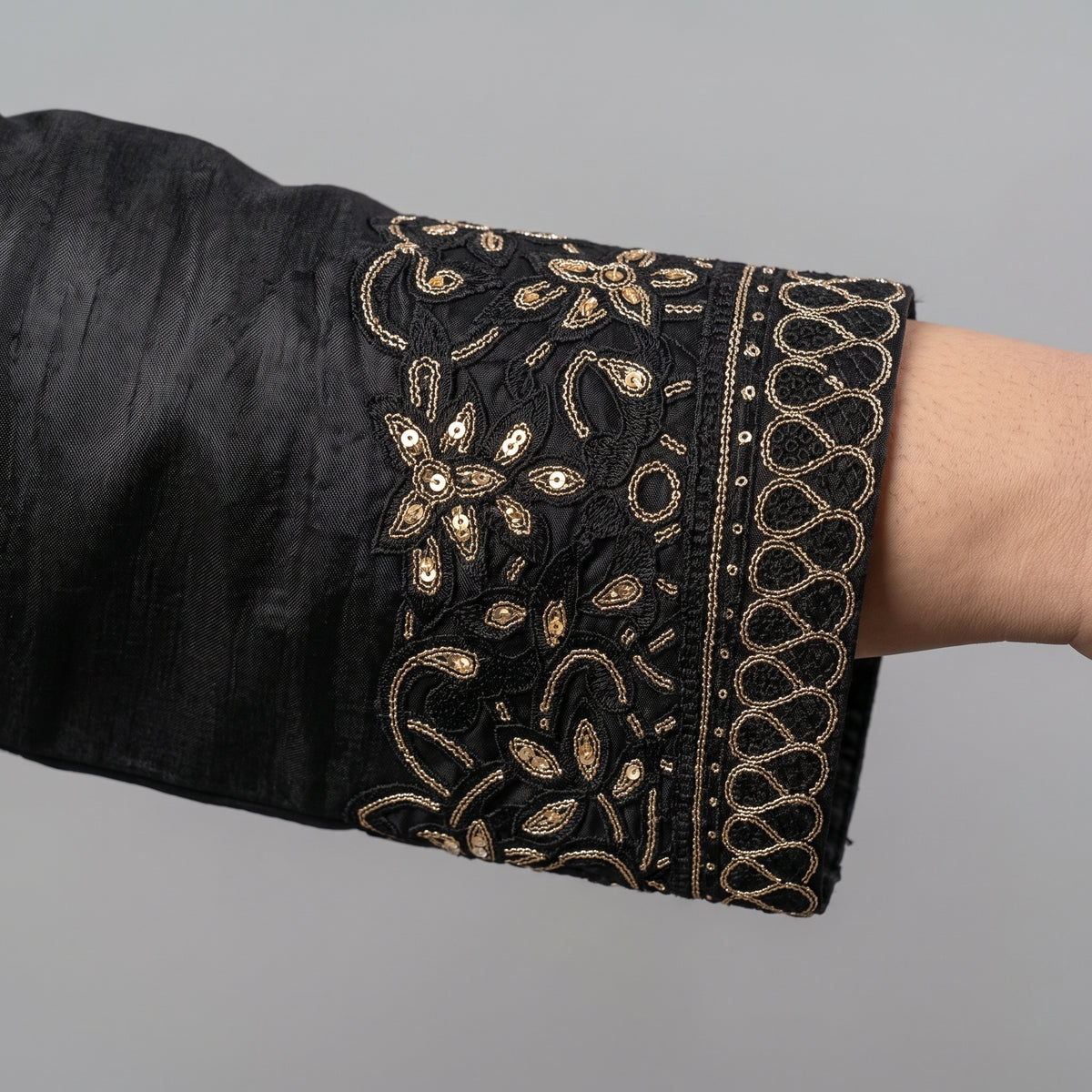 Black embroidered Katan Silk 3-piece suit for women 