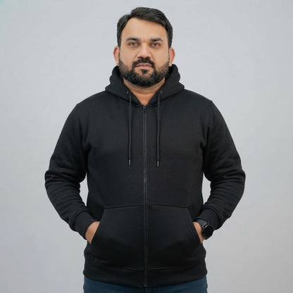 Black fleece zip-up hoodie for men featuring a full front zipper and attached hood.