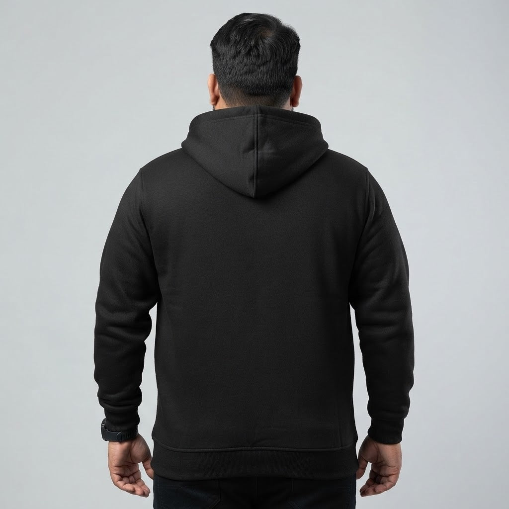 Black fleece zip-up hoodie for men featuring a full front zipper and attached hood.