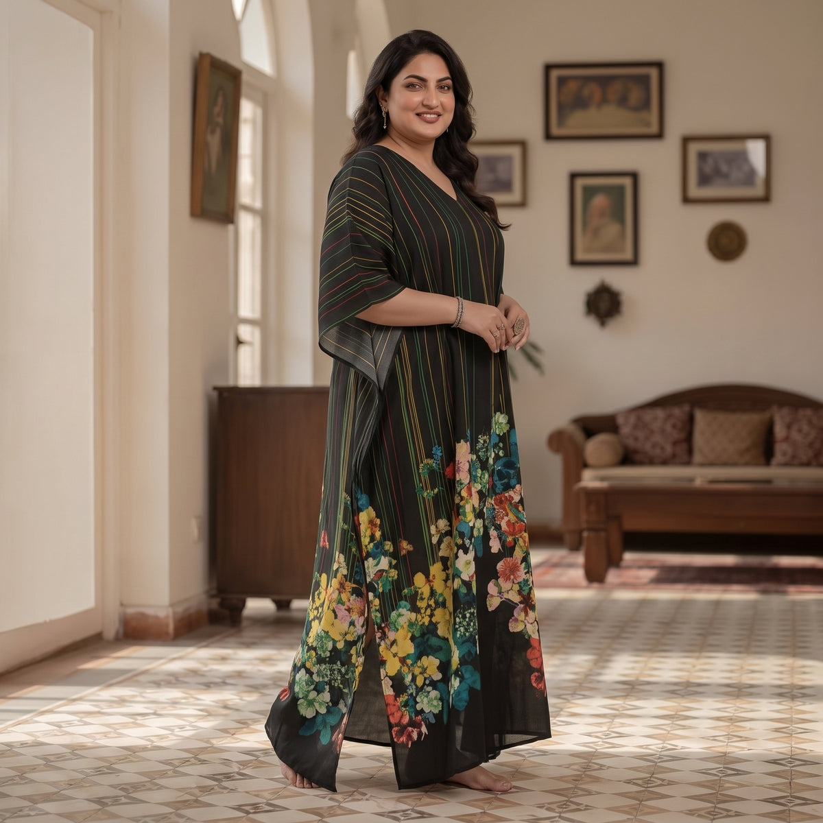Black Floral Butterfly Print Maxi Kaftan PSW-11742