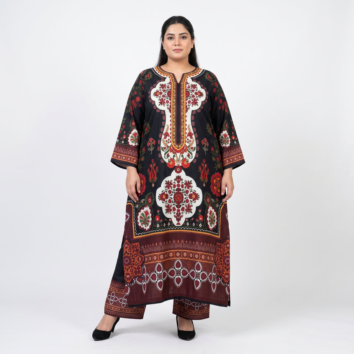 Black floral ethnic print Poly Lawn Kaftan Co-Ord Set for women