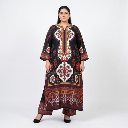 Black floral ethnic print Poly Lawn Kaftan Co-Ord Set for women
