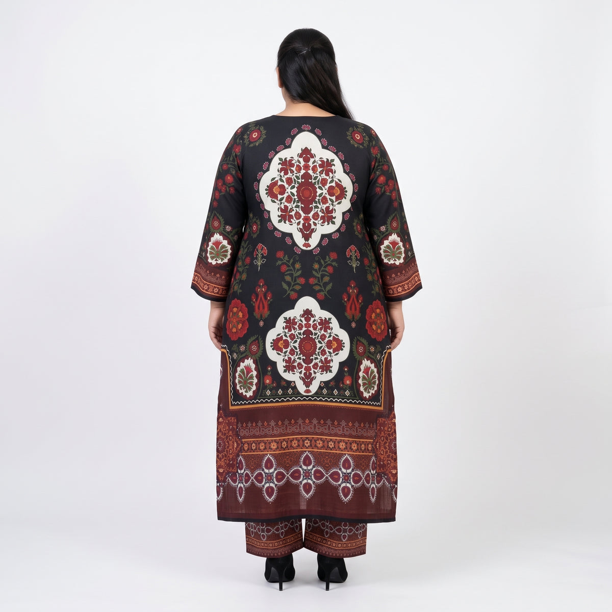 Black floral ethnic print Poly Lawn Kaftan Co-Ord Set for women