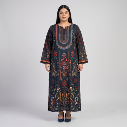 Black Floral Printed Poly lawn Kaftan PSW-11366
