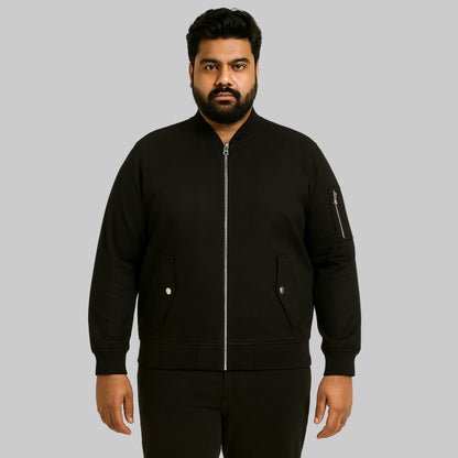 Men’s black full-zip lined mid-length jacket, regular fit, front view.