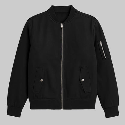 Men’s black full-zip lined mid-length jacket, regular fit, front view.