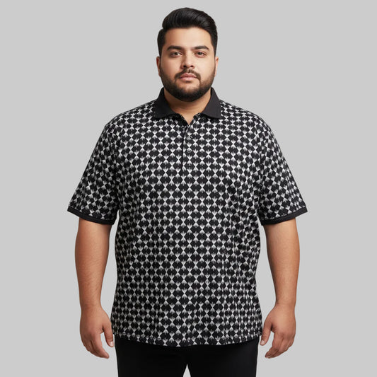 Black plus size polo shirt with white geometric print and solid black collar laid flat showing full front design