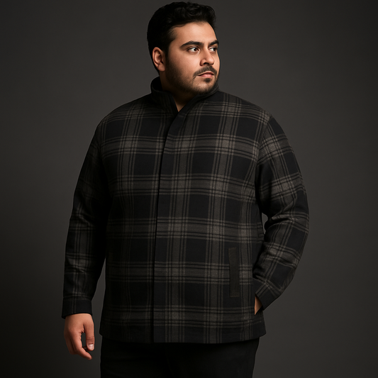 Black & Grey Checkered Plus Size Wool-Blend Winter Jacket PSM-9898