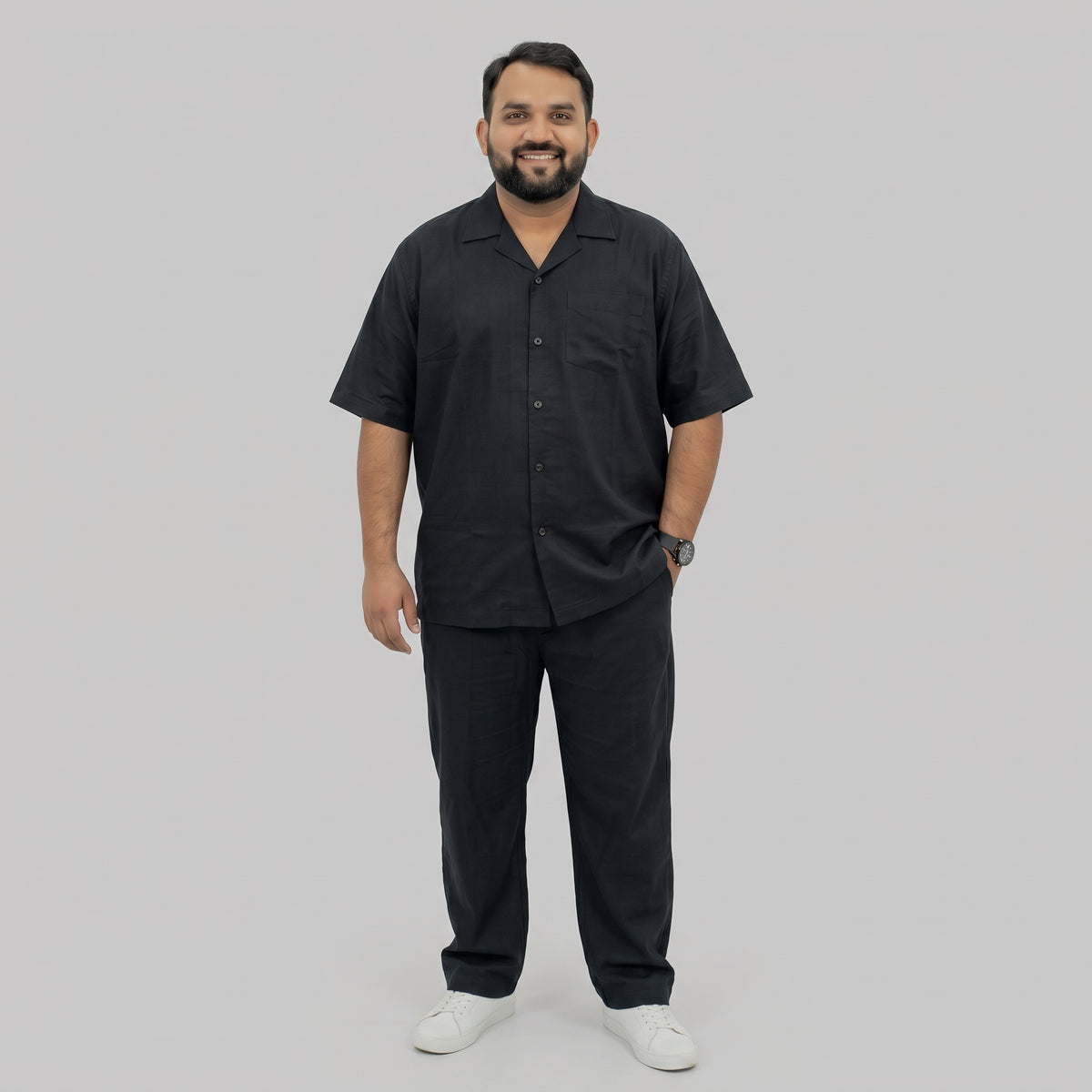Black Irish Linen Cuban Collar Co-Ord Set with Cuban collar shirt and matching trousers 