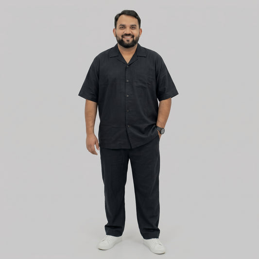 Black Irish Linen Cuban Collar Co-Ord Set with Cuban collar shirt and matching trousers 