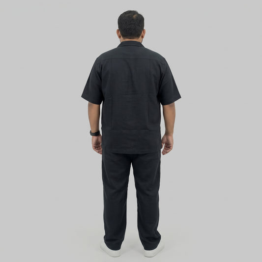 Black Irish Linen Cuban Collar Co-Ord Set with Cuban collar shirt and matching trousers
