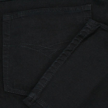 "Men’s black regular fit denim jeans with straight-leg design, zip fly, button closure, and 7 reinforced belt loops for secure hold."